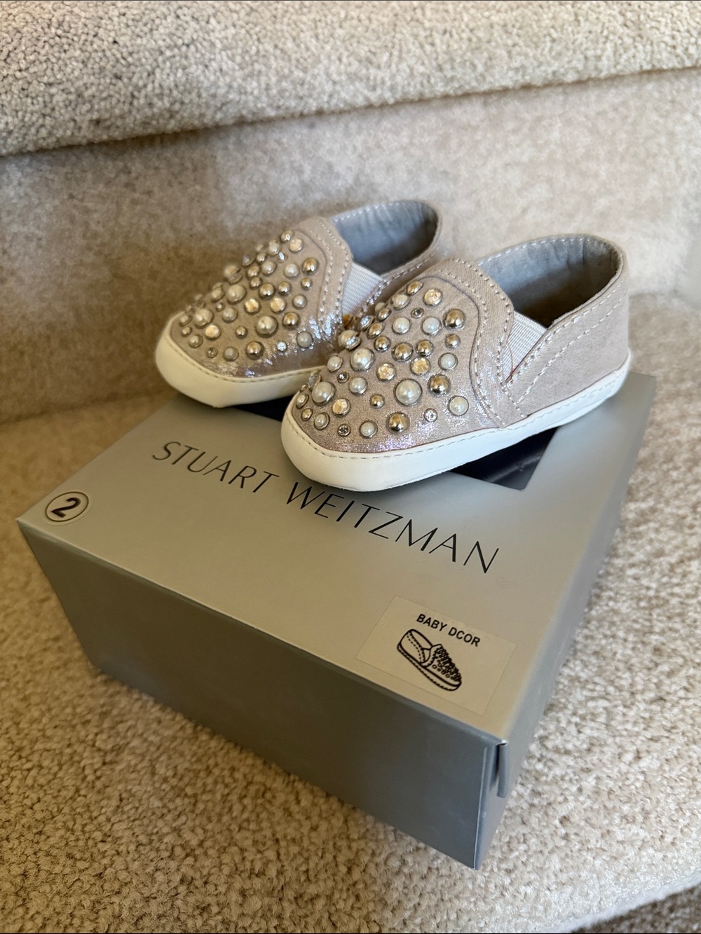 Stuart Weitzman Baby Slip-On Sneakers with Pearl Studs in Silver